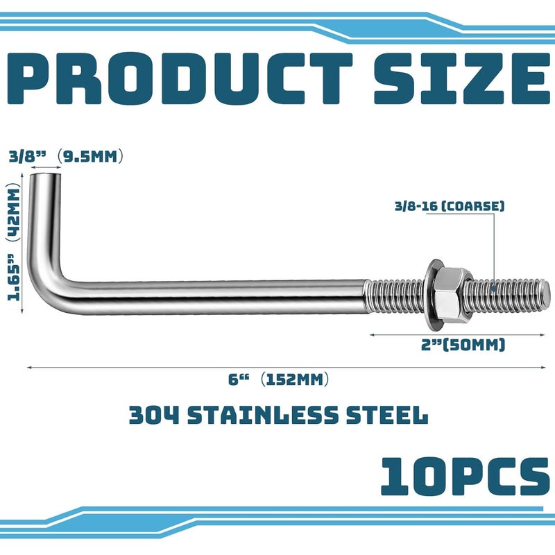 Yaocom 10 Pieces Anchors Bolts 3/8-16 x 6 Inches 304 Stainless Steel Concrete J Bolts Cement Post Anchor Fastener with Nut Washer Bracket for Concrete Pad Pouring Wood Concrete Projects - Image 2